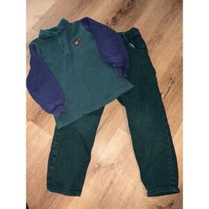 Vintage OshKosh B'Gosh Kids Set Shirt & Corduroy Pants Green Blue Size 5R